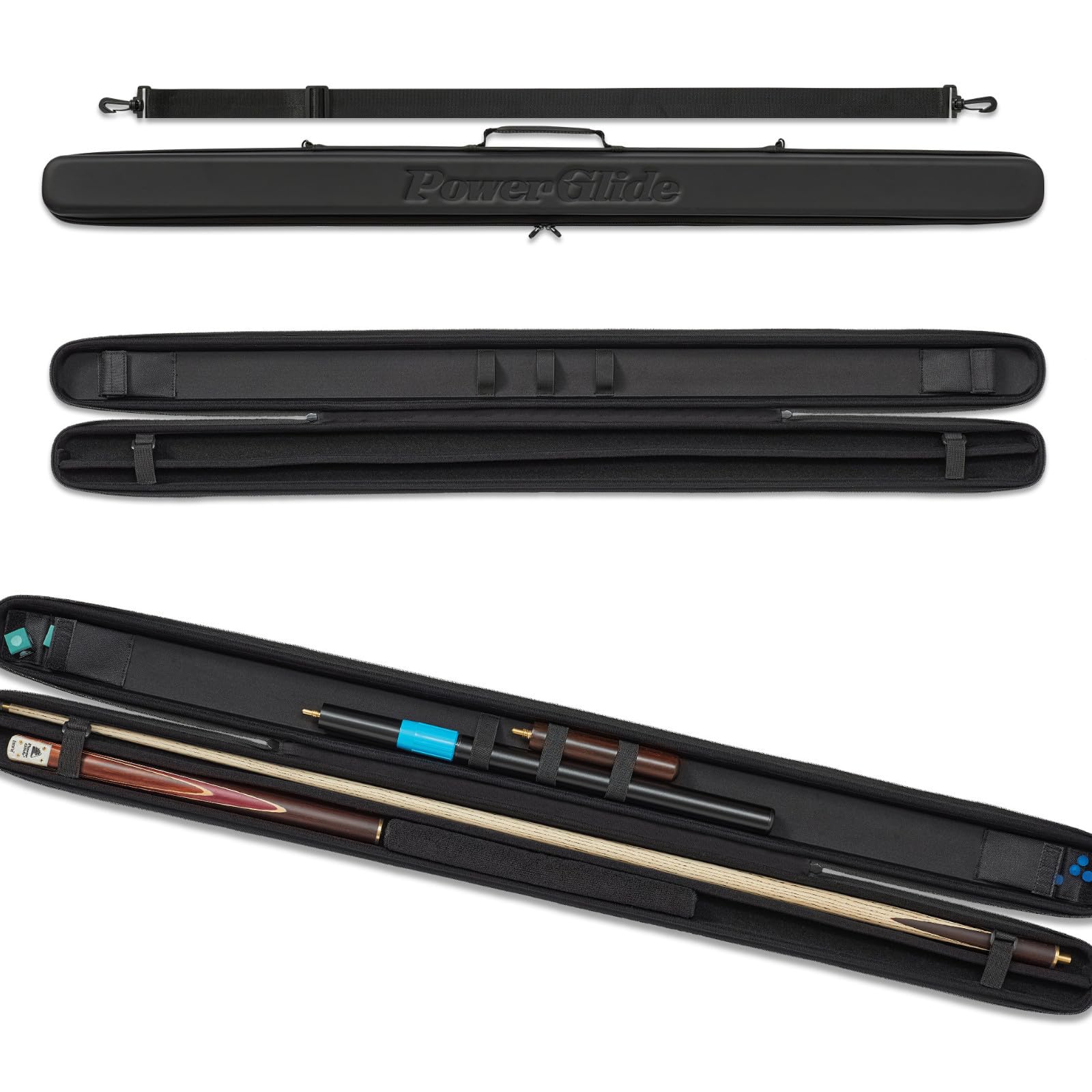 POWERGLIDE Snooker Pool Billiard Cue Case Svartur EVA Handle Shoulder Strap Protective Foam Interior 2-Piece