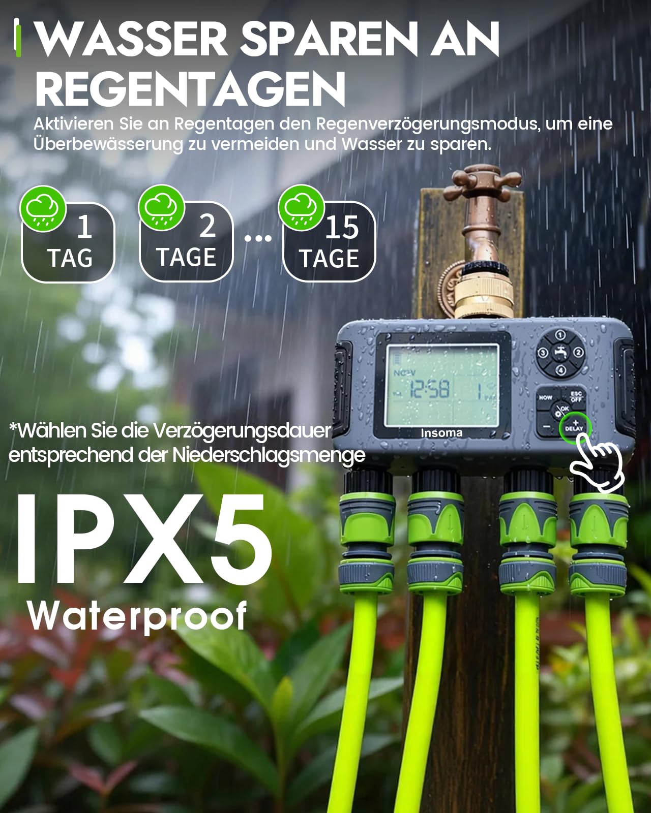 Insoma Timer dell'acqua a 4 zone con ingresso in ottone, timer automatico per tubo da giardino con ritardo manuale/pioggia e grande display, timer per rubinetto impermeabile IPX5 per sistema di