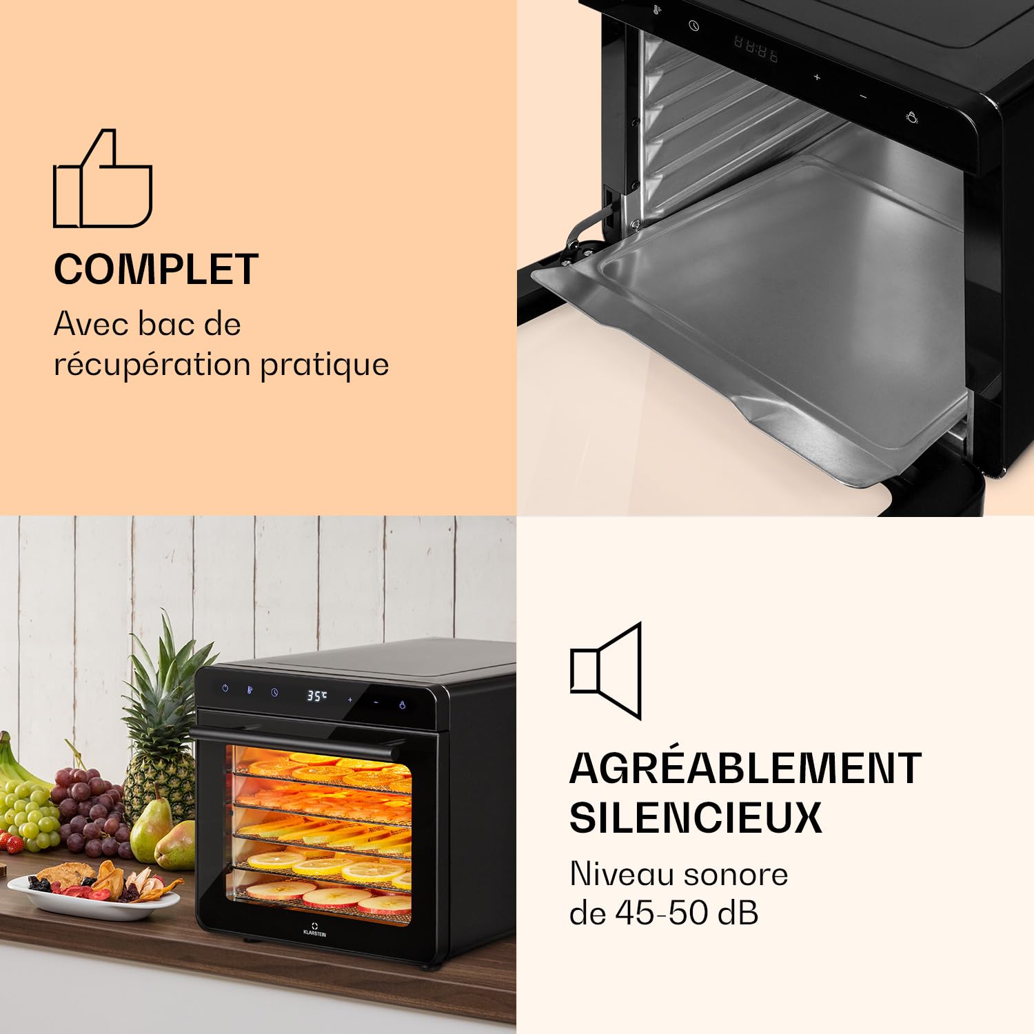 Klarstein Deshydrateur Alimentaire, Séchoir à Légumes, Herbes et Viandes, Déshydrateur de Fruits Secs 700W avec 6 Plateaux à Grille Métallique, Four à Viande Séchée en Métal, Minuterie, Noir