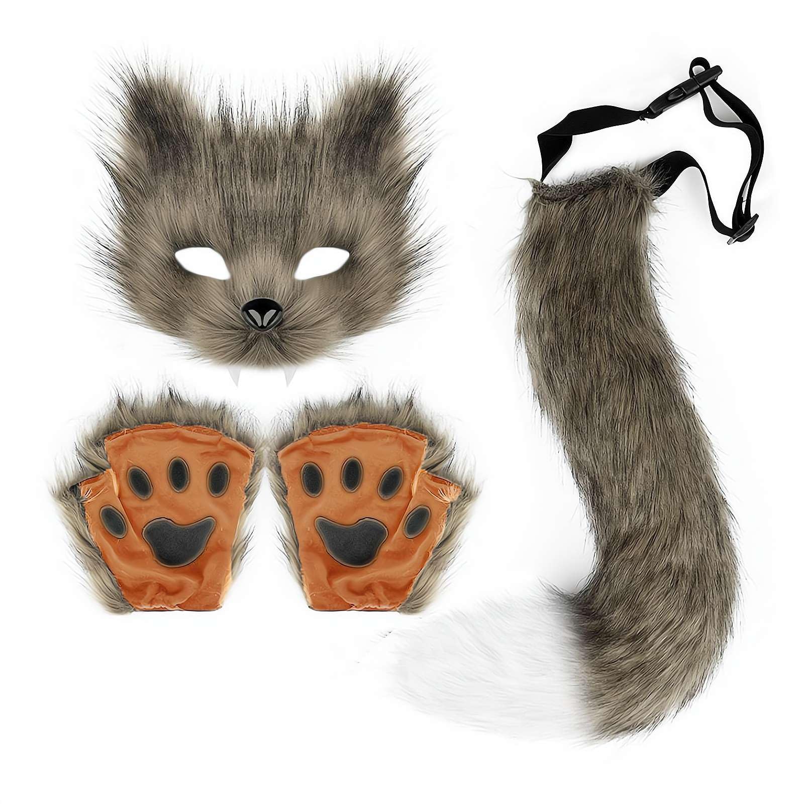 Faux Fur Cat Wolf Mask Tail And Gloves Set FoxTail Fluffy Cat Wolf Mask And Paw Gloves Cosplay Costume Animal for Halloween Christmas Party Women (brown)