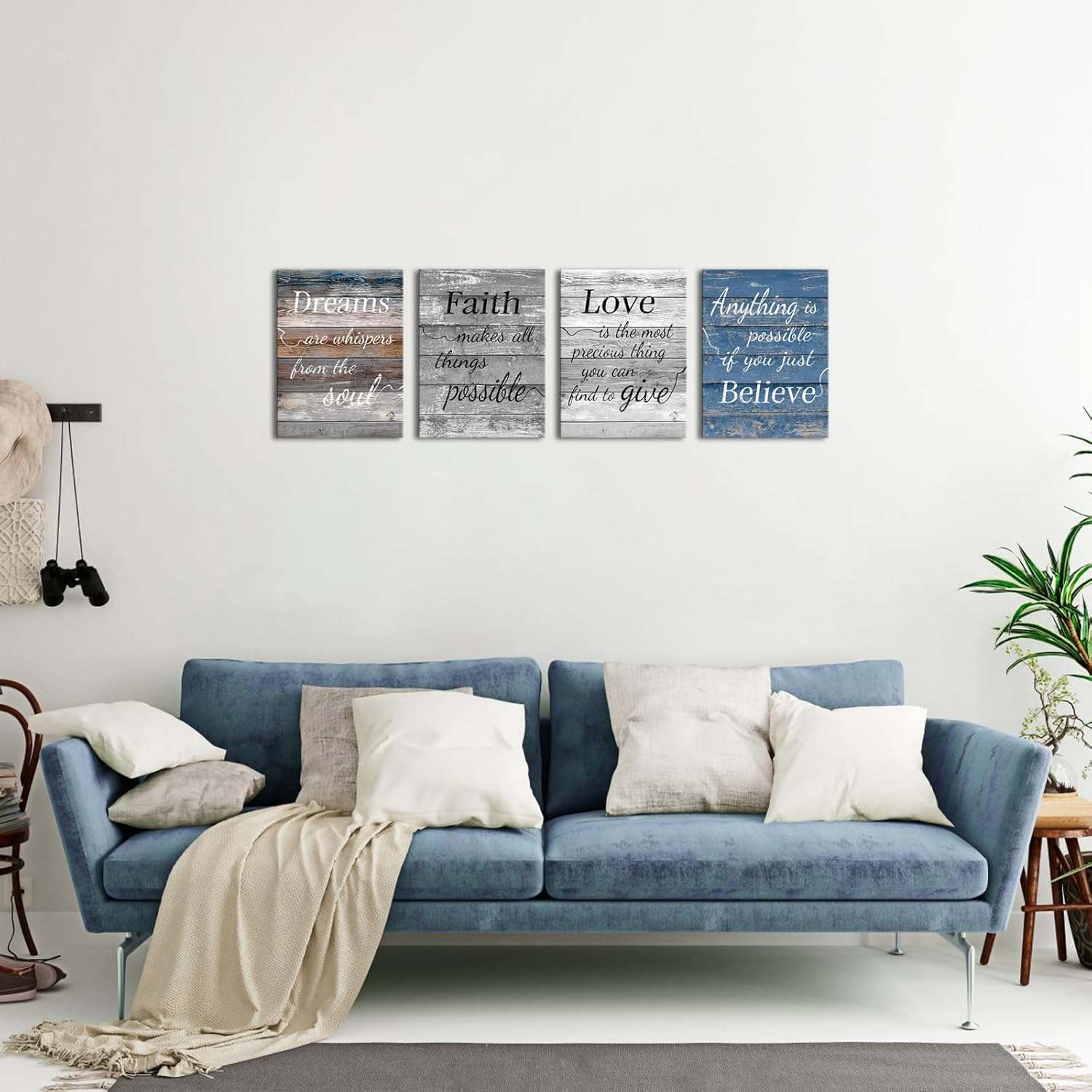 LevvArts Vintage Motivaional Wall Art Rustic Love Faith Believe Dream Wall Decor Inspirational Encouraging Pictures Canvas Prints Blue and Grey Decoration - Image 2