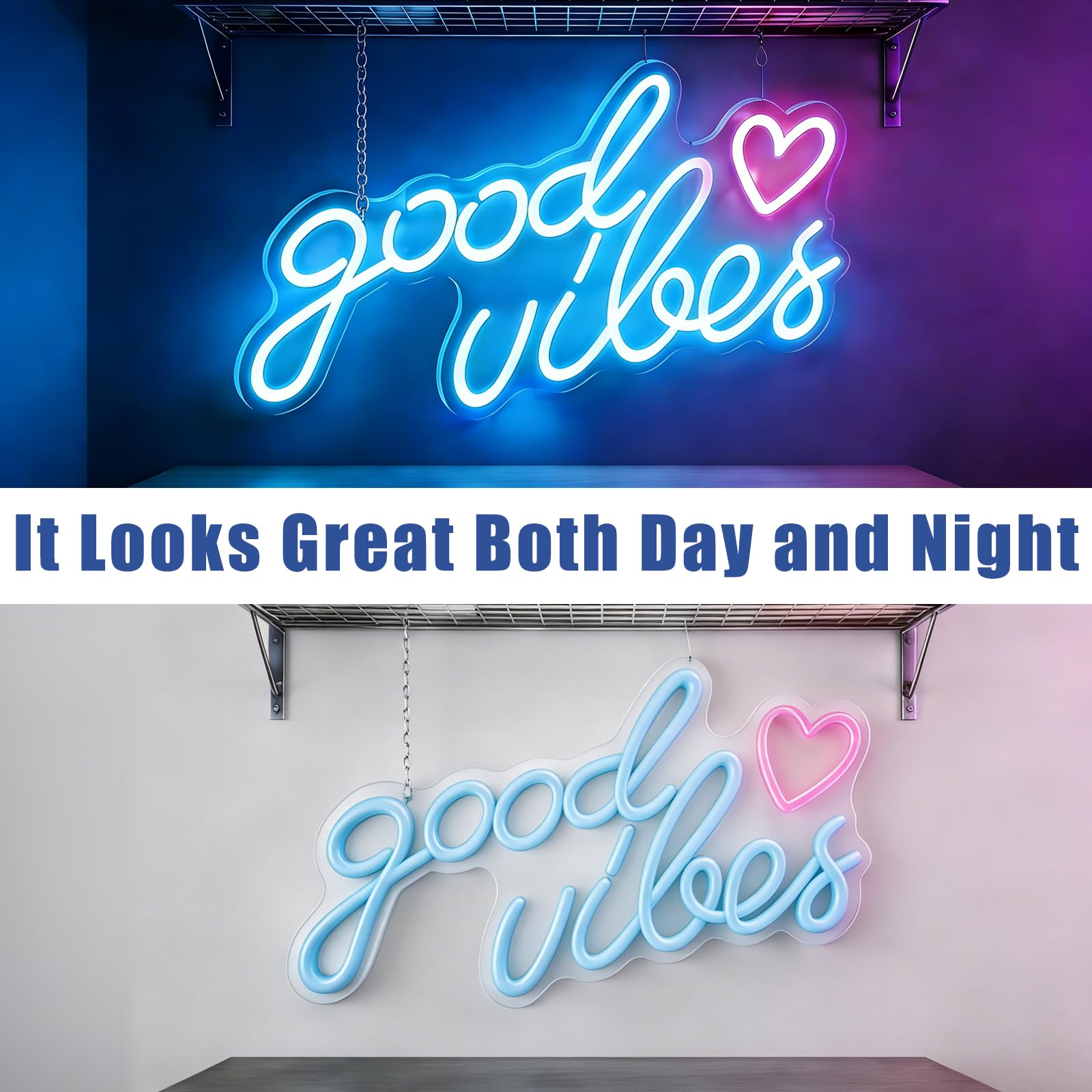 Blue Good Vibes Néon LED, Néon Mural Lettre USB, Lampe Neon Enseigne Lumineuse Good Vibes Words LED pour Chambre à Coucher, Chambre D'Enfant, DéCoration Murale, Bar, Mariage, FêTe, One Piece 40*22cm