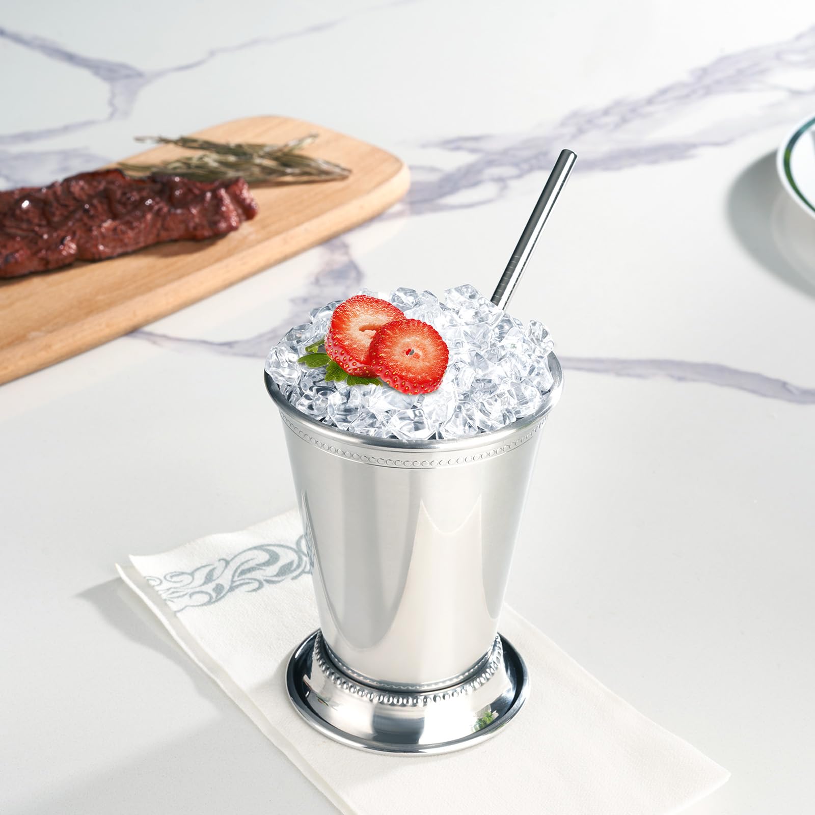 Fijinhom Julep-Becher mit Strohhalmen, Edelstahl, Perlen, Minze, Julep-Gläser für Cocktails, gemischte Getränke, Metallbecher für Bier, Saft, Getränke, Party, Bar, Zuhause, Restaurant, 340 ml, 4 Stück