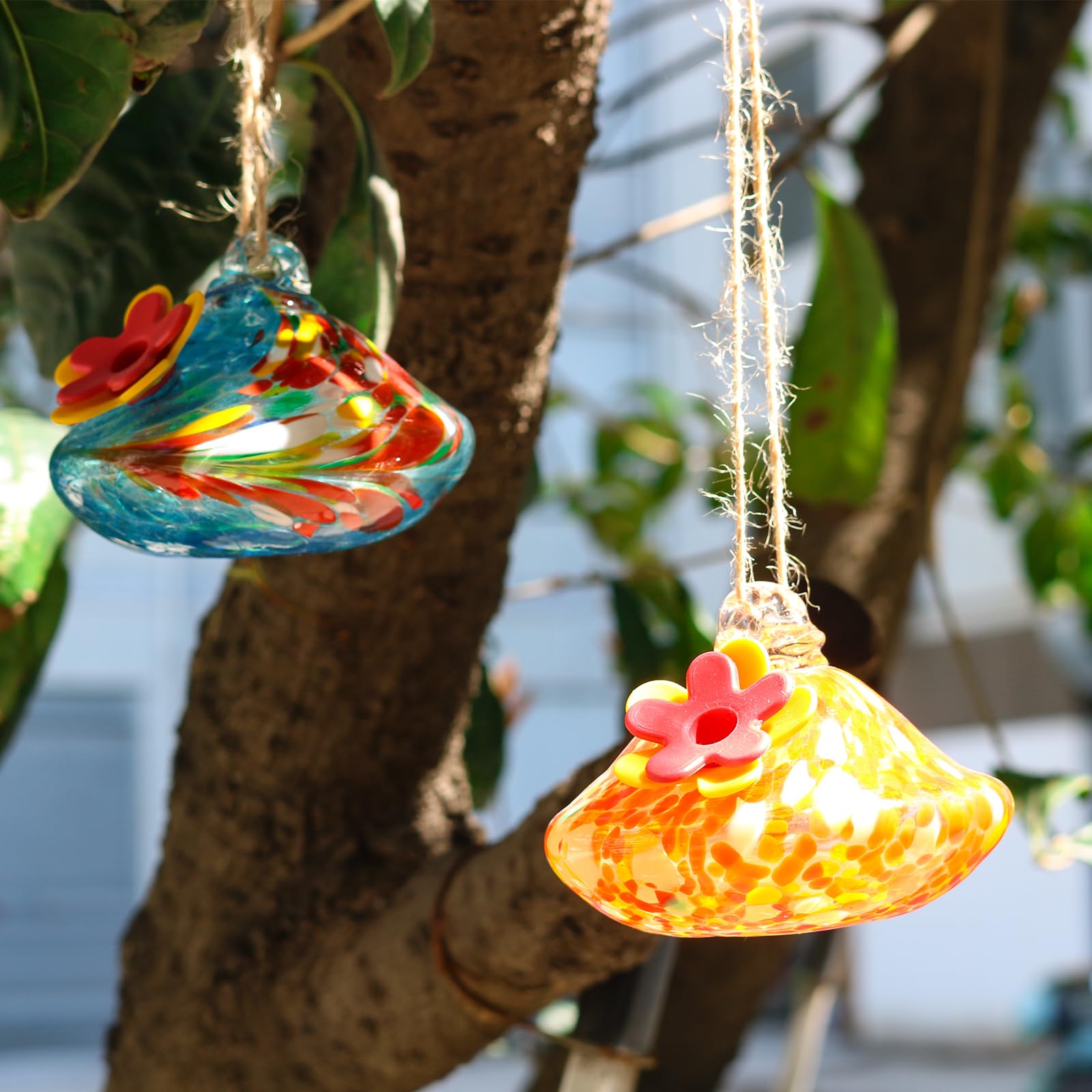2 comederos de colibrí de vidrio soplado para colgar al aire libre, resistentes a hormigas y abejas, comedero de pájaros hecho a mano, decoración de jardín, regalo para mujeres, paquete de comederos