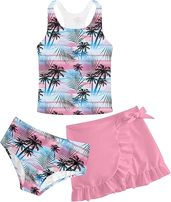 Girls Swimsuits 3 Piece Tankini Bathing Suit Set Cute Bikini Swimwear with Cover Ups Beach Skirt 5-16 Years