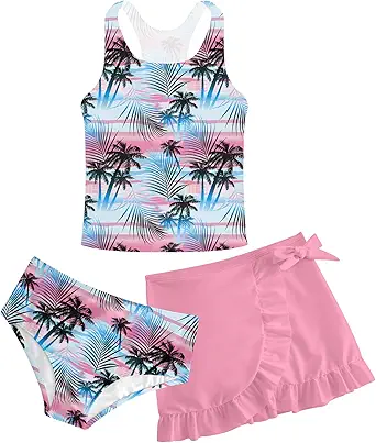 Girls Swimsuits 3 Piece Tankini Bathing Suit Set Cute Bikini Swimwear with Cover Ups Beach Skirt 5-16 Years