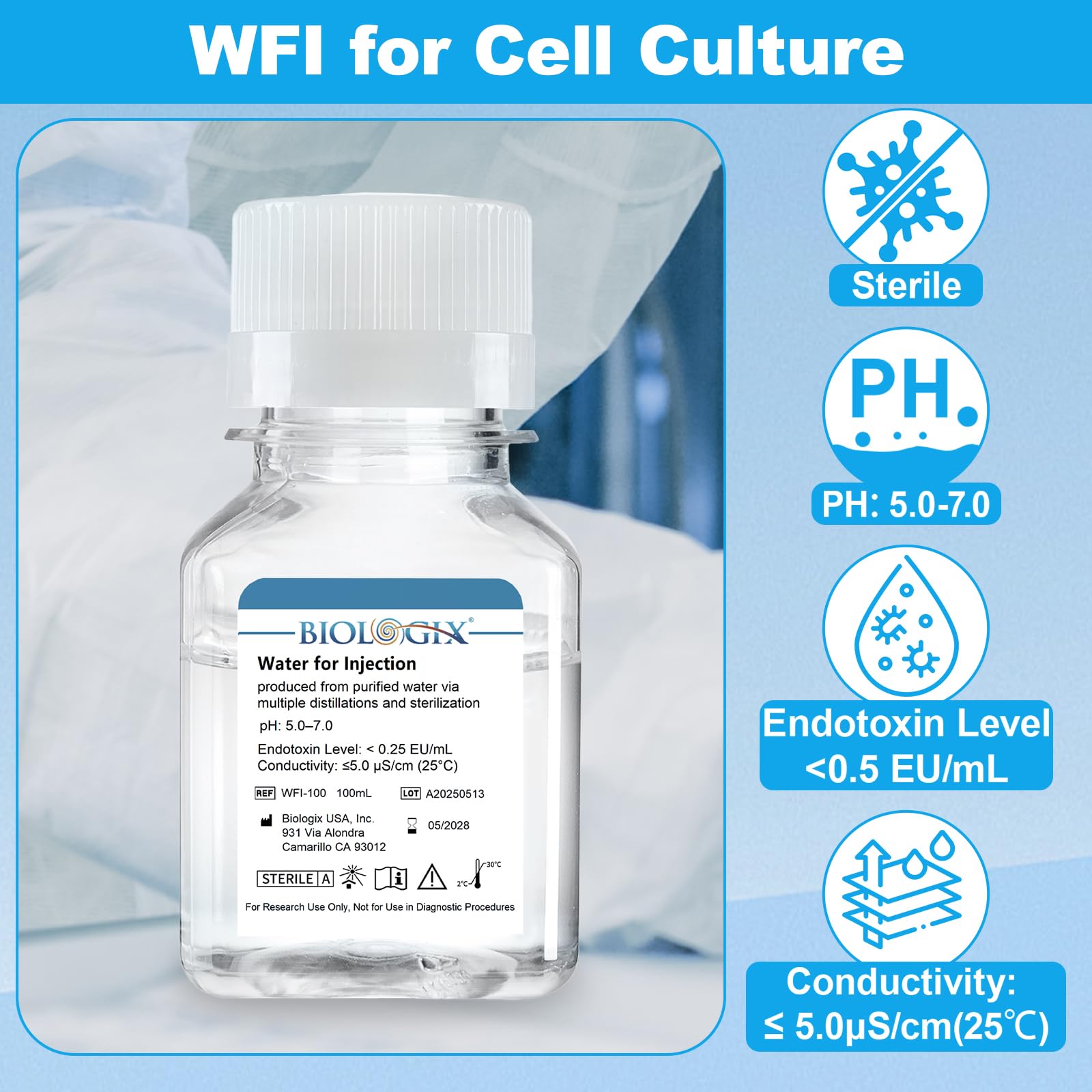 10 piezas 500 ml de agua de laboratorio WFI, agua de cultivo celular para laboratorio, agua destilada para fines bioquímicos, esterilización, pH 5.0-7.0, conductividad ≤ 5.0 μS/Cm (25 ℃) (20 unidades