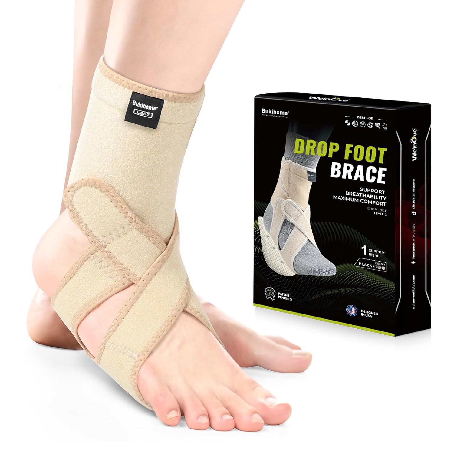 Bukihome Adjustable AFO Foot Drop Brace - Foot Support for Walking with Shoes, Socks, or Barefoot - Relieves Foot Drop, Plantar Fasciitis, Stroke & MS Recovery - Unisex（Beige, Right）