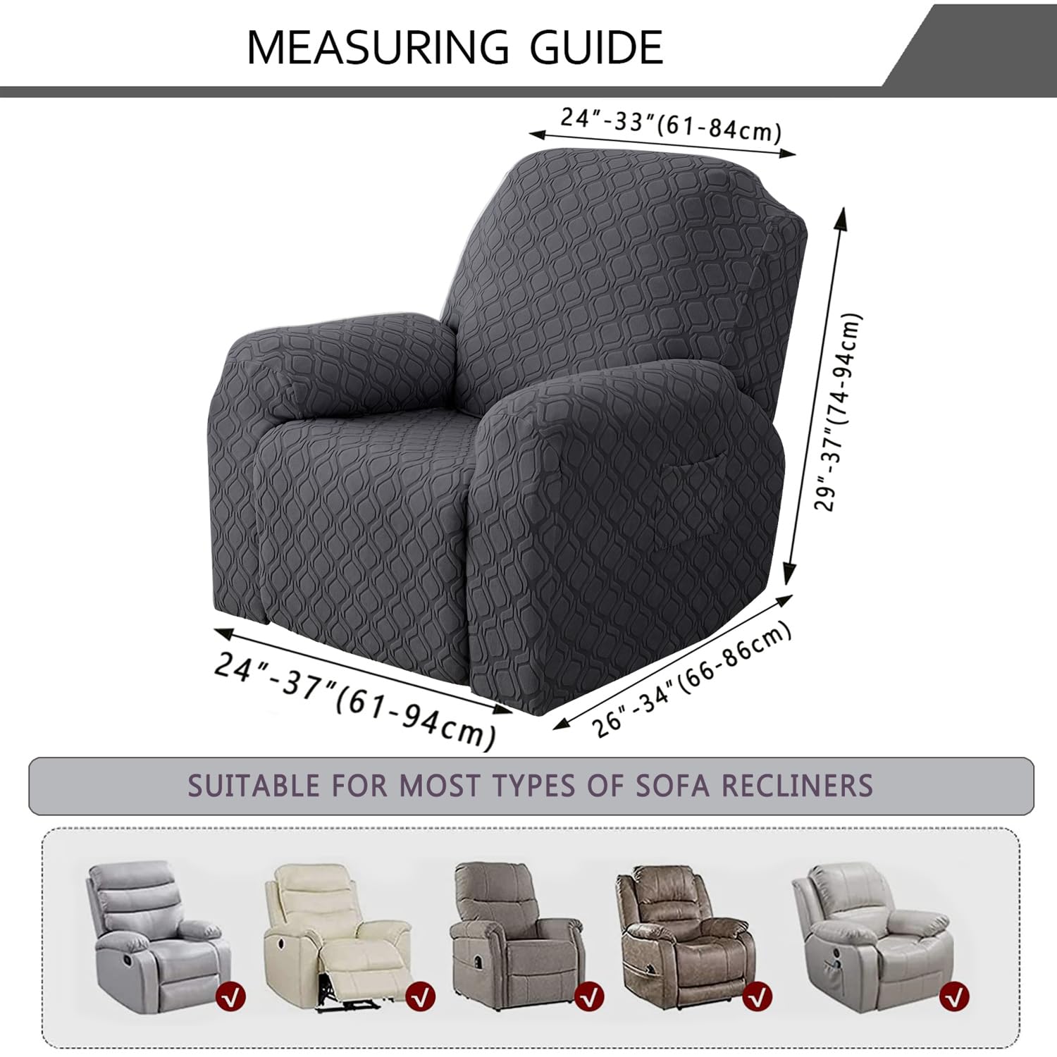 Topchances Recliner Chair Covers - Super Soft Stretch Chair Cover with Side Pocket, Furniture Protector (Jacquard Dark Grey) - Image 4