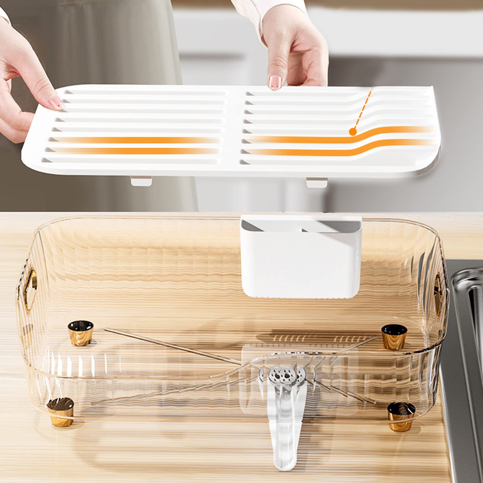 Escurridor de platos blanco transparente para encimera de cocina, escurridor de platos compacto con soporte para cubiertos, organizador de fregadero que ahorra espacio para un secado eficiente y fácil