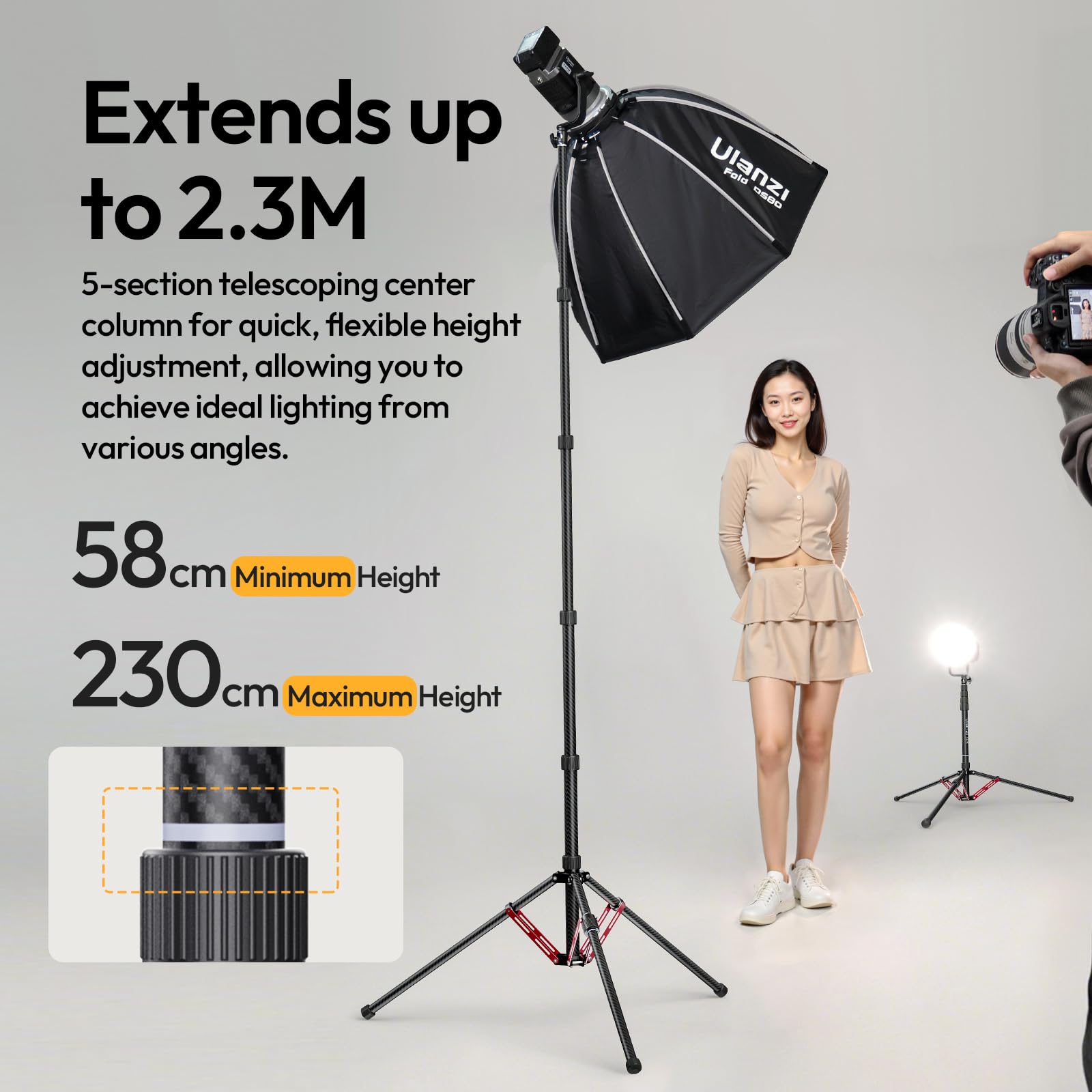 ULANZI Soporte de luz de fibra de carbono T230, trípode ajustable para fotografía con clip de teléfono, trípode resistente de estudio de 230 cm para flash Speedlight, softbox, cámara de luz