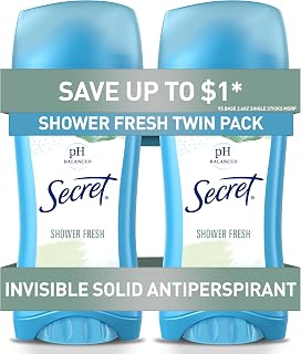 Secret Women's Invisible Solid Antiperspirant Deodorant, Shower Fresh Scent, 24HR pH-Balanced Sweat & Odor Protection, Gentle on Skin, 2.6oz Twin Pack