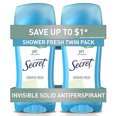 Secret Antiperspirant and Deodorant for Women, 24hr Sweat & Odor Protection, PH Balanced Protection, Gentle on Skin, Invisible Solid, Shower Fresh Scent, 2.6 oz (Pack of 2)
