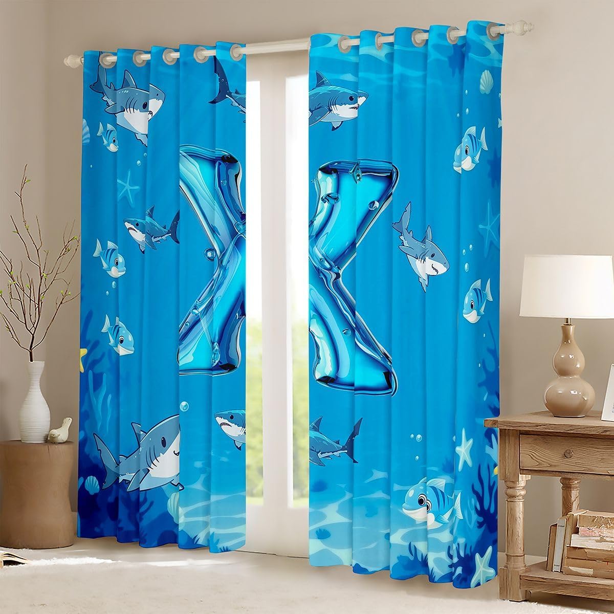 Feelyou Cartoon Shark Curtains for Bedroom Living Room Cute Fish Blackout Darkening Drapes Personalized Initial Alphabet Letter X Window Treatments, 2 Panels 38 x 45 Inch Room Decor image 2