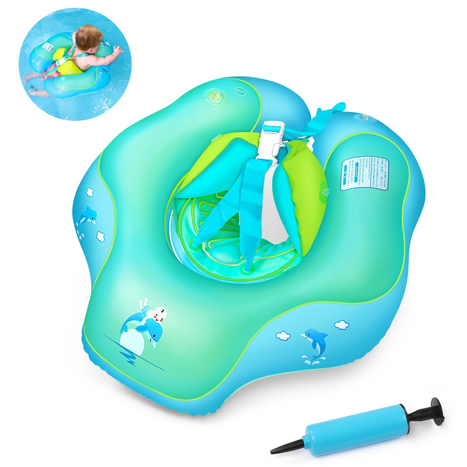 EVERGD Baby Swimming Floats Ring Adjustable Inflatable Dual Inflation Chambers with Inflatable Waist Protection Sweet Bells for Newborn Baby Swimming Toy with Manual Pump (Small-Upgrade)