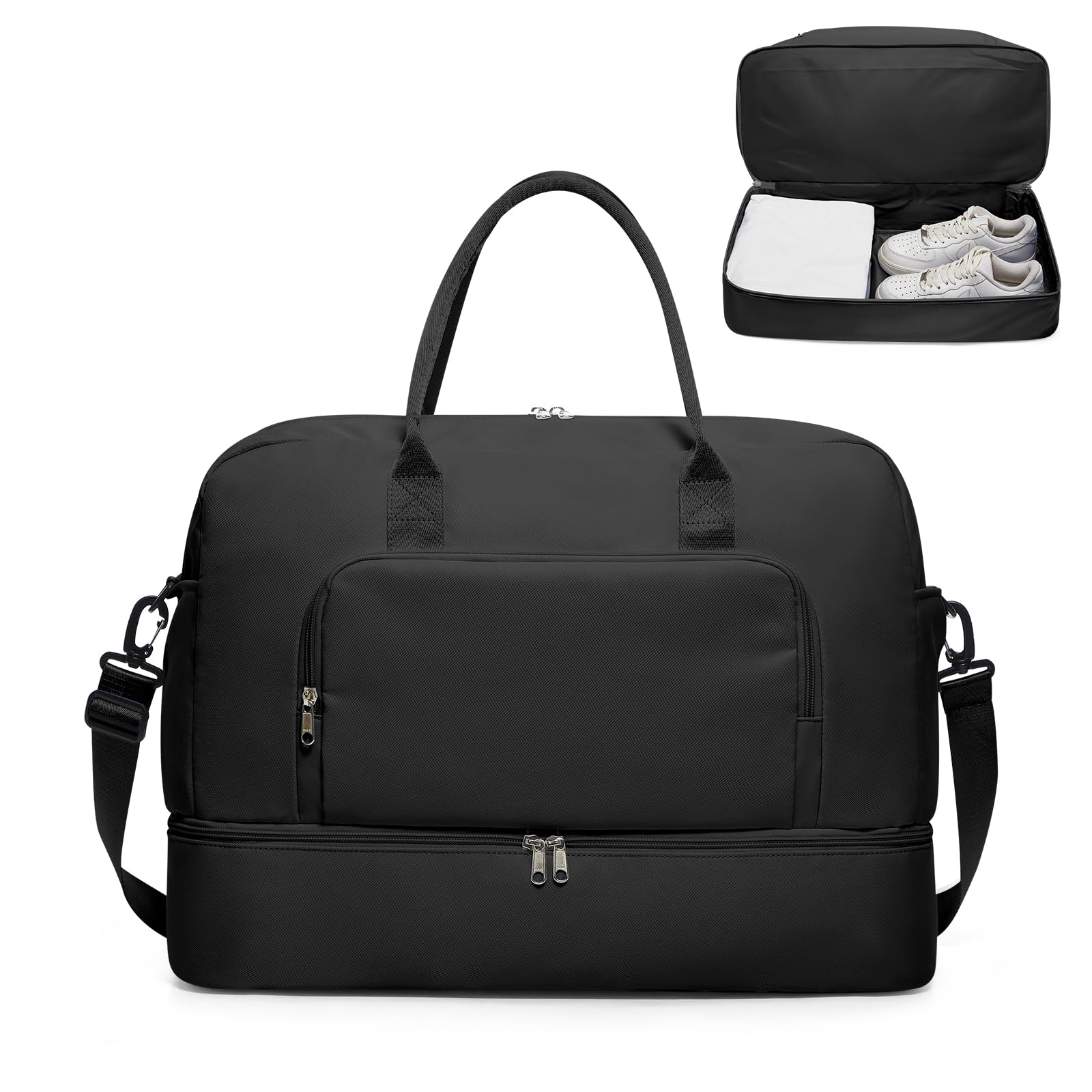 Travel Duffle Bag,Weekender Bags for Women with Shoe Compartment Personal Item Travel Bag Carry on Overnight Bags For Airplanes Gym Duffel Bag with Wet Pocket Hospital Bag for Labor and Delivery Black