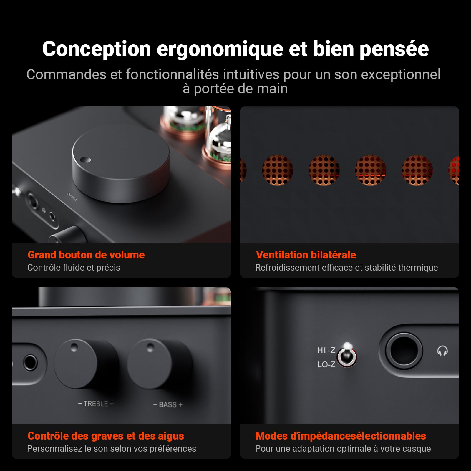 Fosi Audio GR70 Préampli Casque à Lampes, Amplificateur à Lampes Authentique avec Vide 5654W x 2 et 6AC7 x 2, Mini Préamplificateur HiFi pour Audio Domestique, Impédance de 16 à 300 ohms