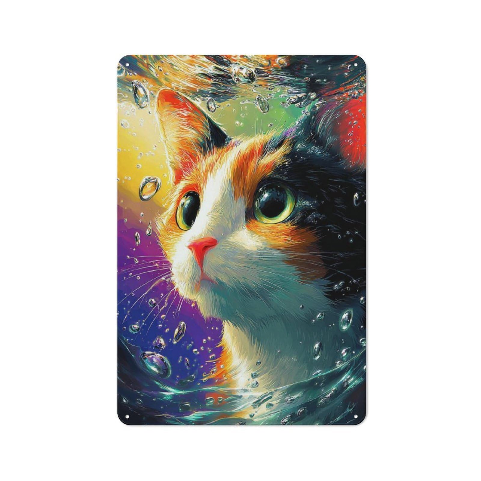 Retro Metal Sign with Colorful Cat Underwater Artwork-2 Design 30x20cm, Distressed Look Retro Room Decor for Living Room, Hallway, Kitchen Or Cafe