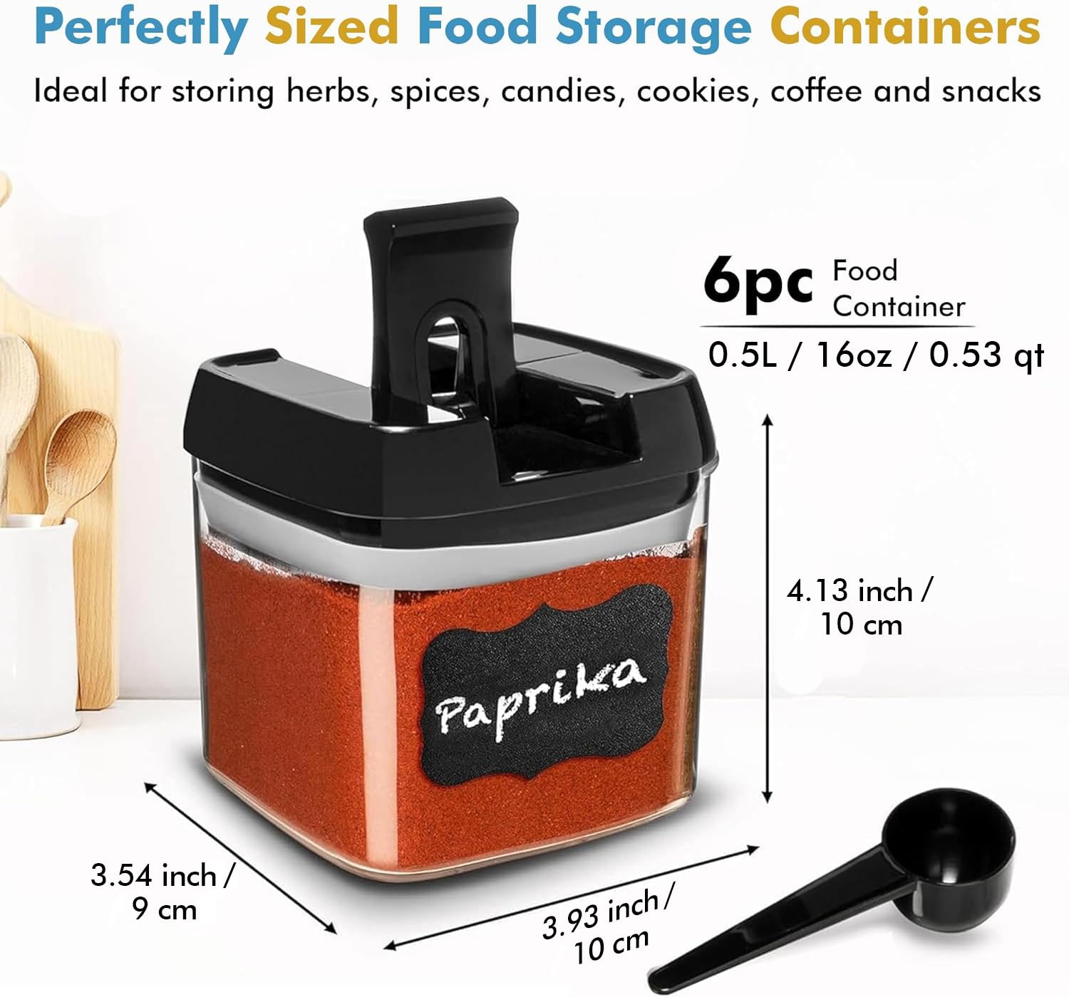 Shazo Juego de 6 mini recipientes herméticos + 6 cucharas, recipientes de plástico transparente duraderos para almacenamiento de alimentos con tapas, recipientes de despensa para armario de cocina
