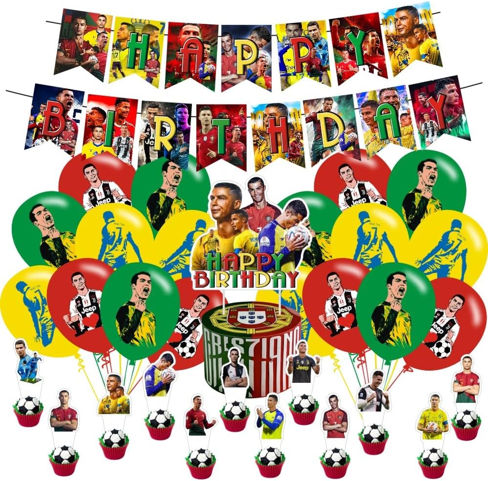 Soccer Birthday Decorations, Soccer Party Supplies Include Happy Birthday Banner, Cake Topper and Cupcake Toppers, Balloons for Kids Party Decor