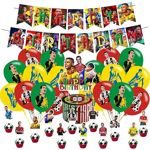 Soccer Birthday Decorations, Soccer Party Supplies Include Happy Birthday Banner, Cake Topper and Cupcake Toppers, Balloons for Kids Party Decor