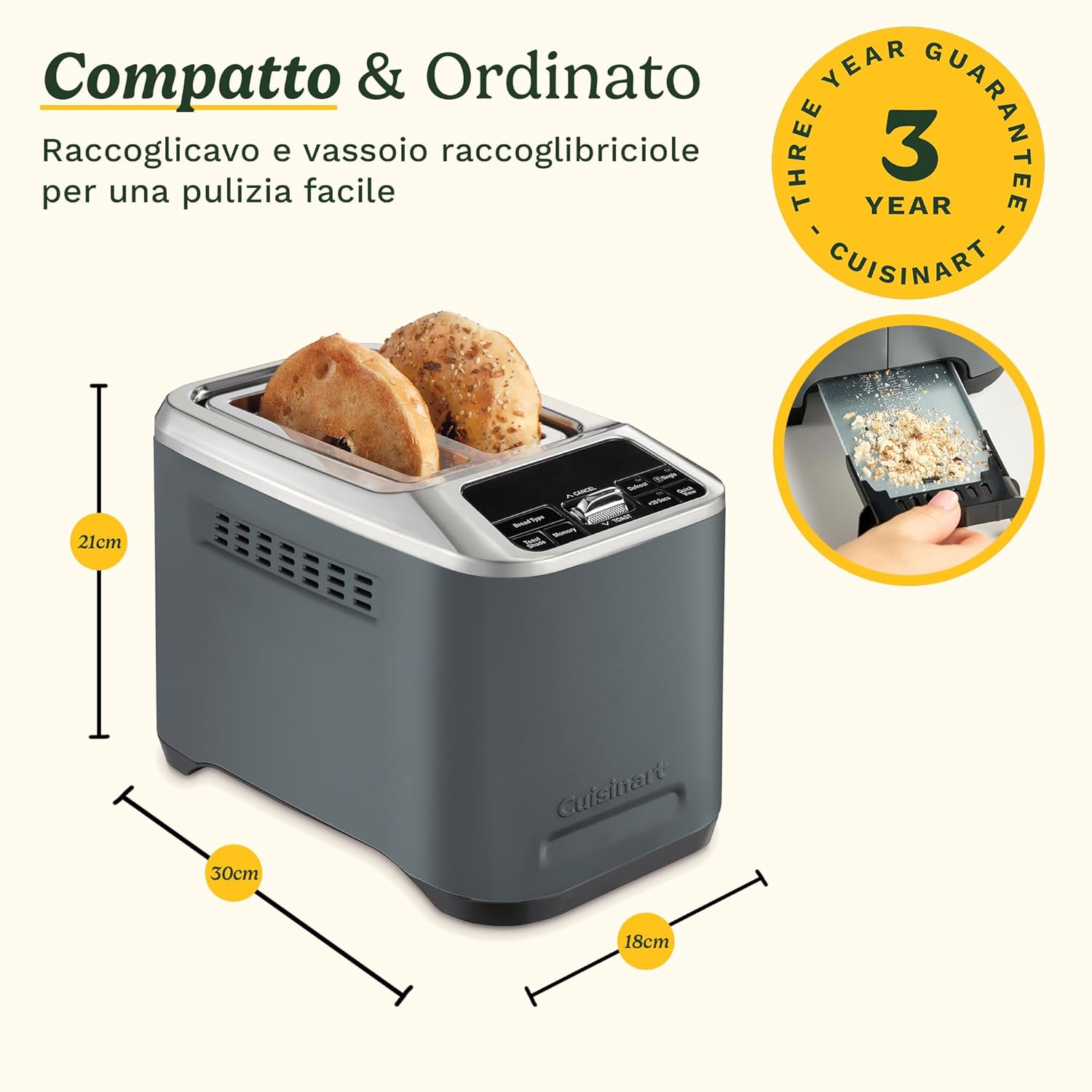 The Cuisinart Smart Elite Toaster with dimensions, highlighting the crumb tray and cord wrap features.