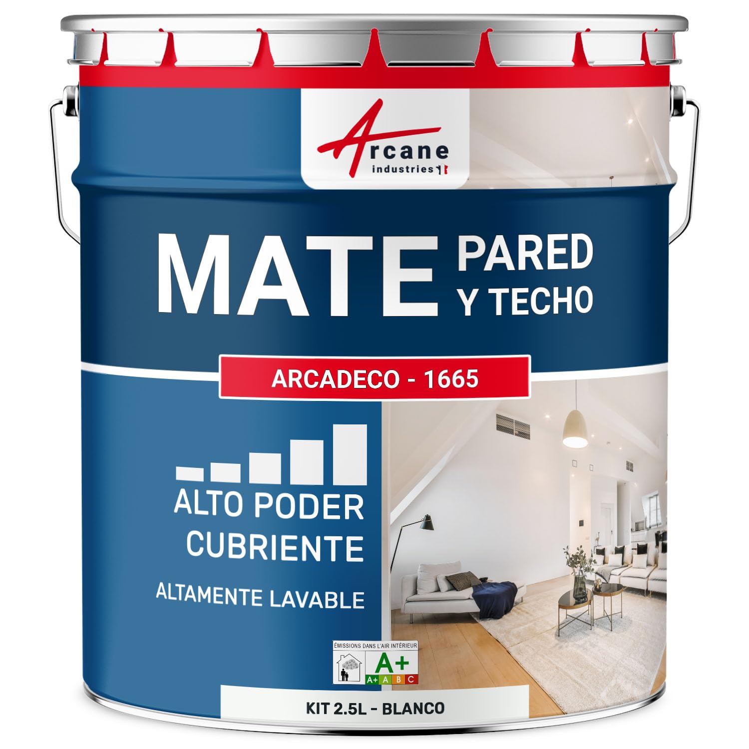 Pintura Pared Mate Lavable Acabado Aterciopelado - ARCADECO 2,5 L Blanco | Pintura Pared Mate, Acabado Aterciopelado, Alto Poder Cubriente, Lavable, Paredes y Techos - Arcane Industries