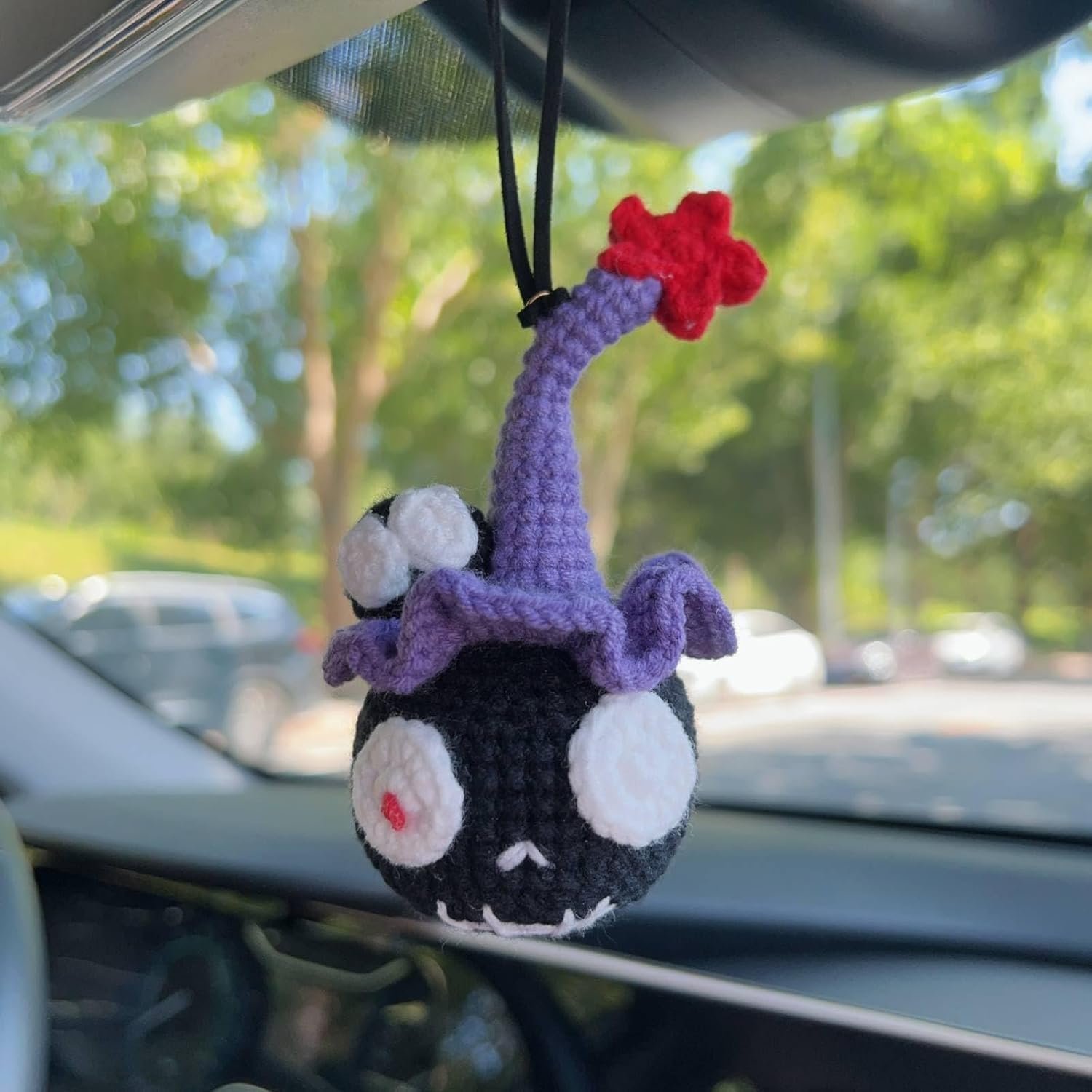 Hand Crocheted Cute Black Cartoon Hanging Ornament, Wool Car Rearview Mirror Charm, Decorative Pendant for Bag, Keychain & Home, Unique Handmade Gift (Black)