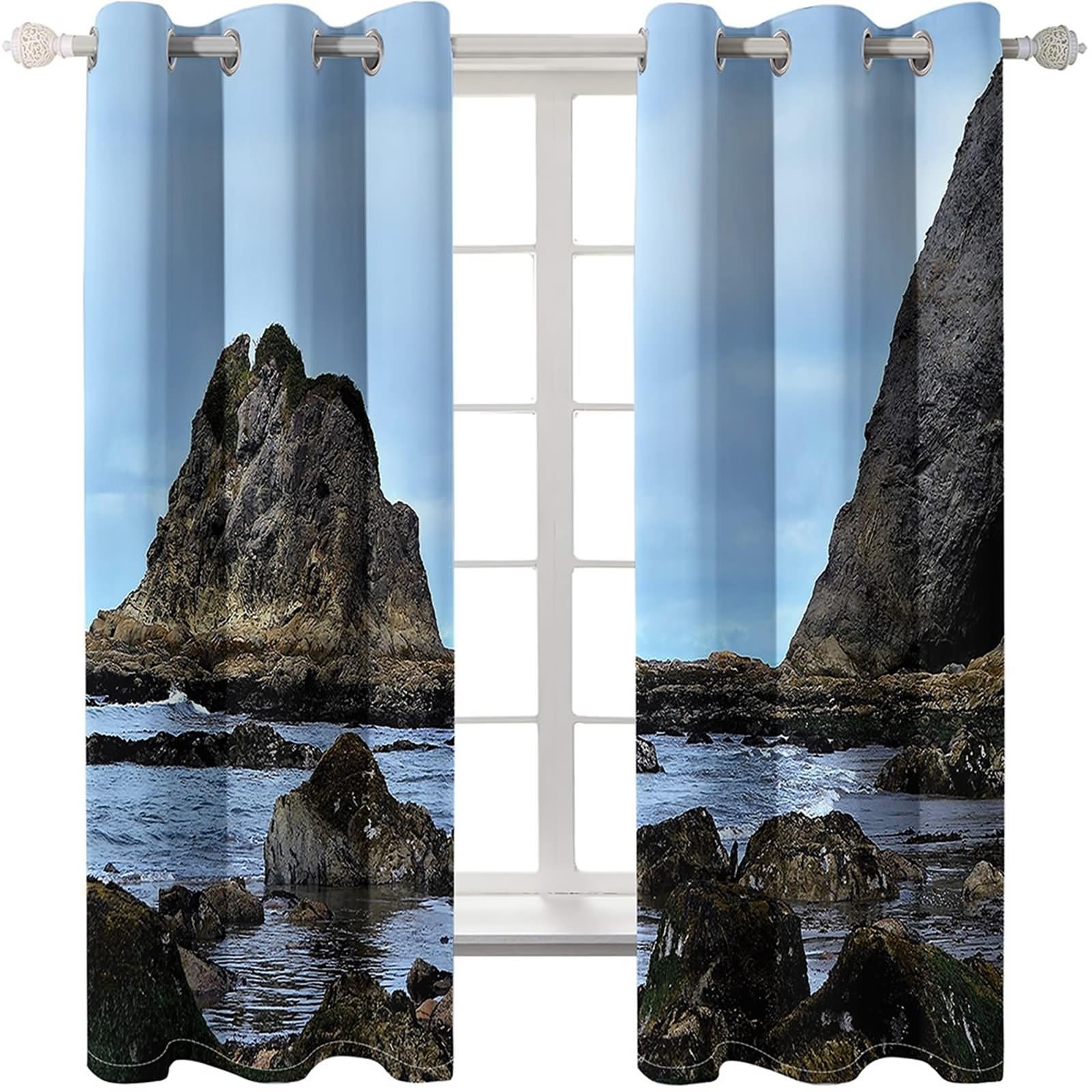Rideau Fenetre Longue, Rideau de Cuisine Occultant Multicolore Paysage Océanique Rocheux Polyester 2 Panneaux 428x183cm
