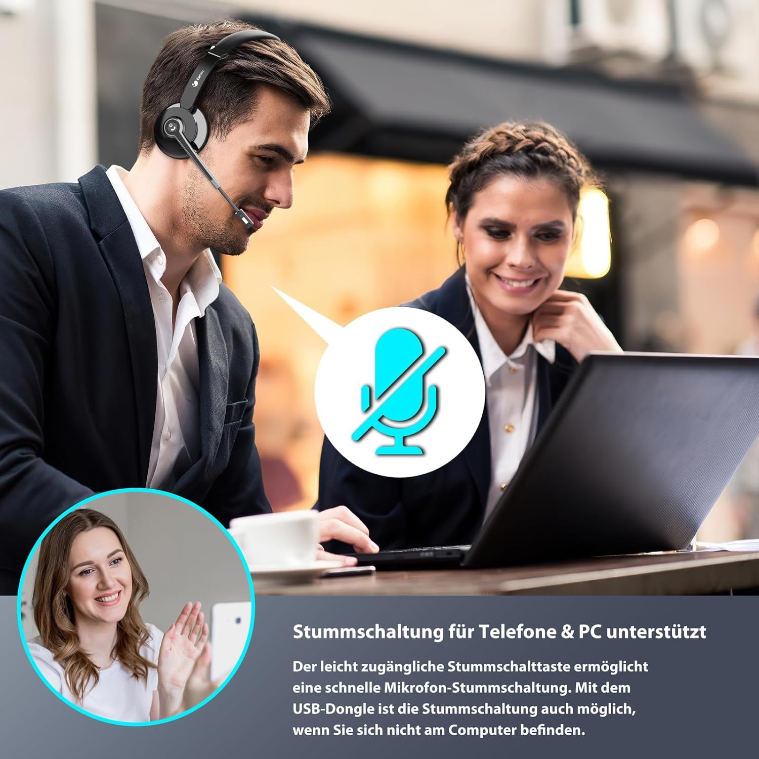 Earbay Headset mit Mikrofon Bluetooth, Kabelloses Headset mit Rauschunterdrückung, inklusive USB-Dongle und praktischer Stummschaltung & Ladestation für Computer/Meeting/Handy/Call Center/Büro