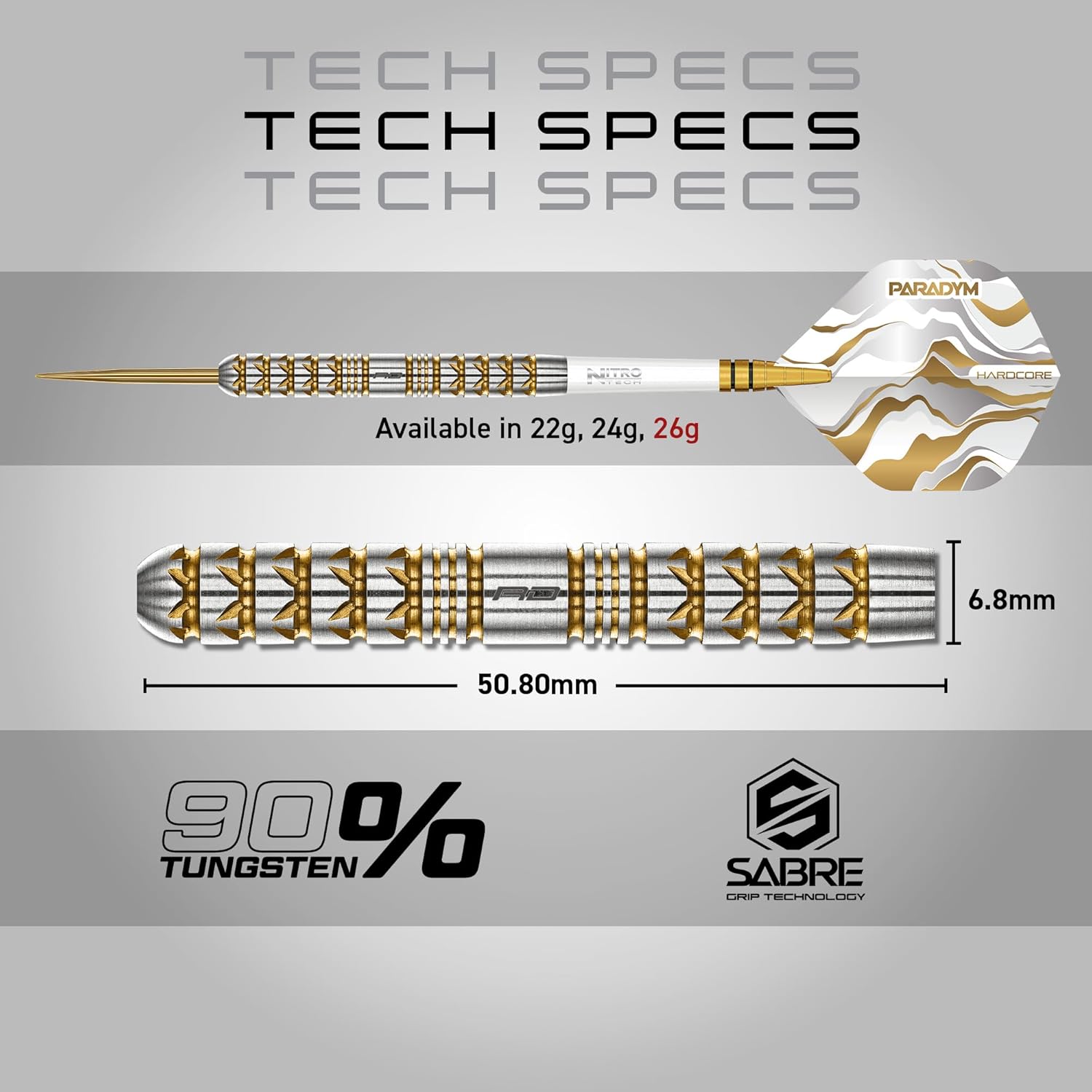 RED DRAGON Darts - Paradym Gold Series - 90% Professional Tungsten Darts Set - Includes Flights & Stems | 18g Soft Tip & Steel Tip 22g, 23g, 24g, 25g & 26g - Professional Dart Set