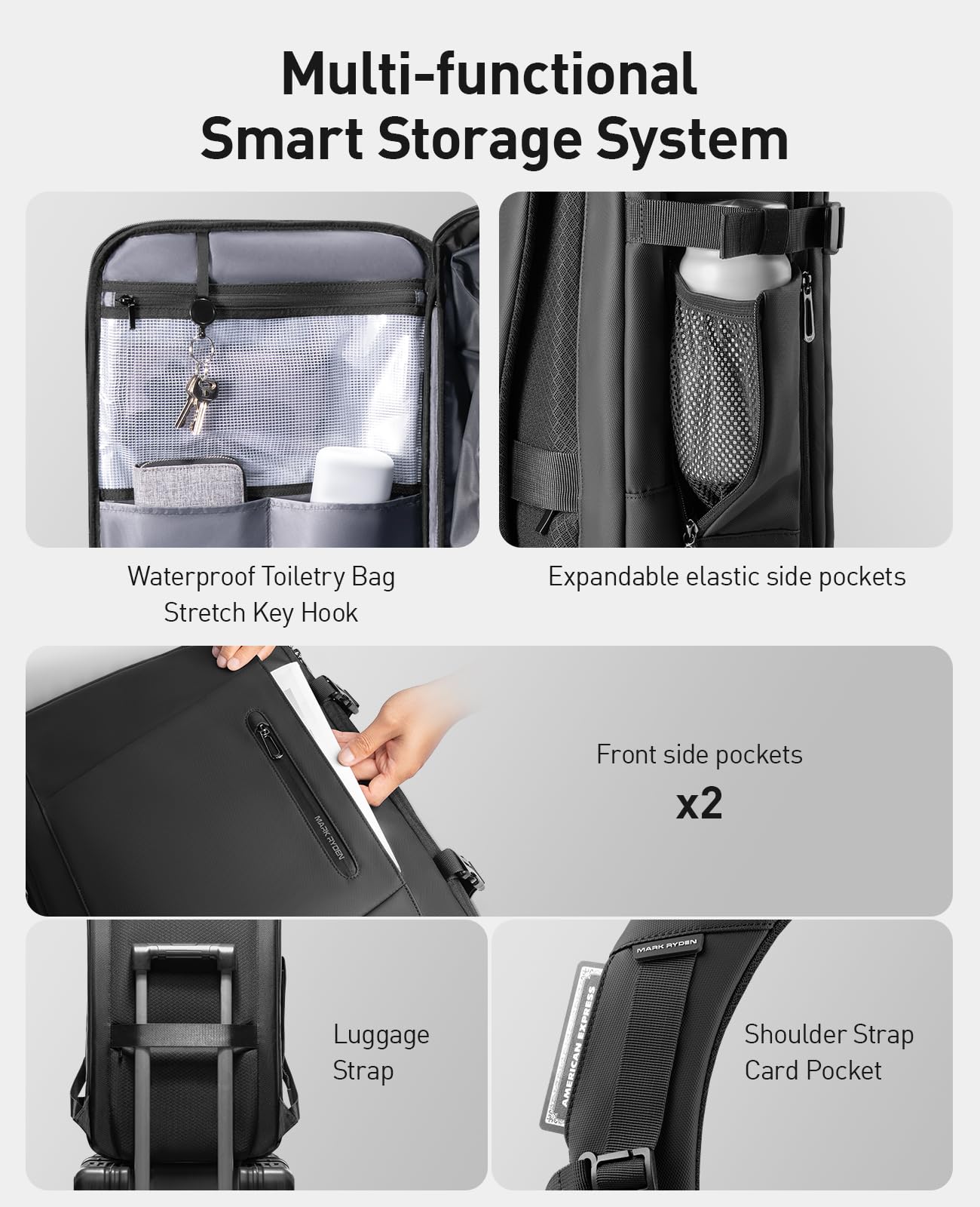 MARK RYDEN Mochila expandible para hombre de negocios, bolsa para portátil de 17 pulgadas, tejido hidrófobo, antirrobo, certificado de vuelo, equipaje de mano, Negro , 30-42L, Negocio