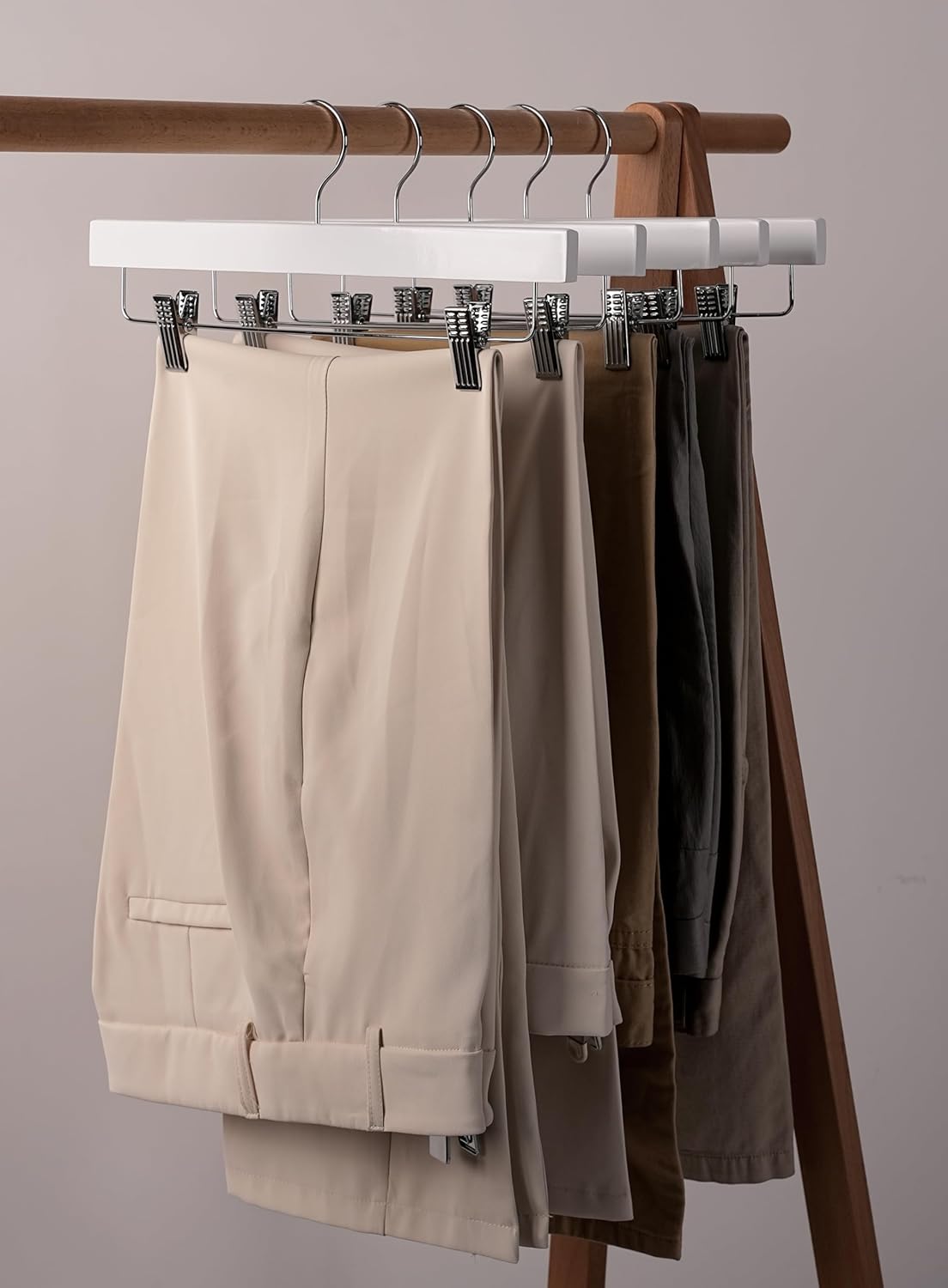 24 Pack Wooden Pants Hangers, Solid Wood Bottom Jeans Skirt Hanger with 2-Adjustable Clips Anti Rust Hook-HL01WP24