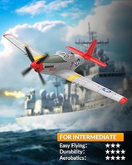 VOLANTEXRC RC Plane, 4 Channel Remote Control Airplane Fighter RTF with 6-Axis Gyro, 3 Modes & Aerobatics Easy to Fly, 2.4GHz Radio Controlled Aircraft for Beginners & Adults, P51D Mustang, Red