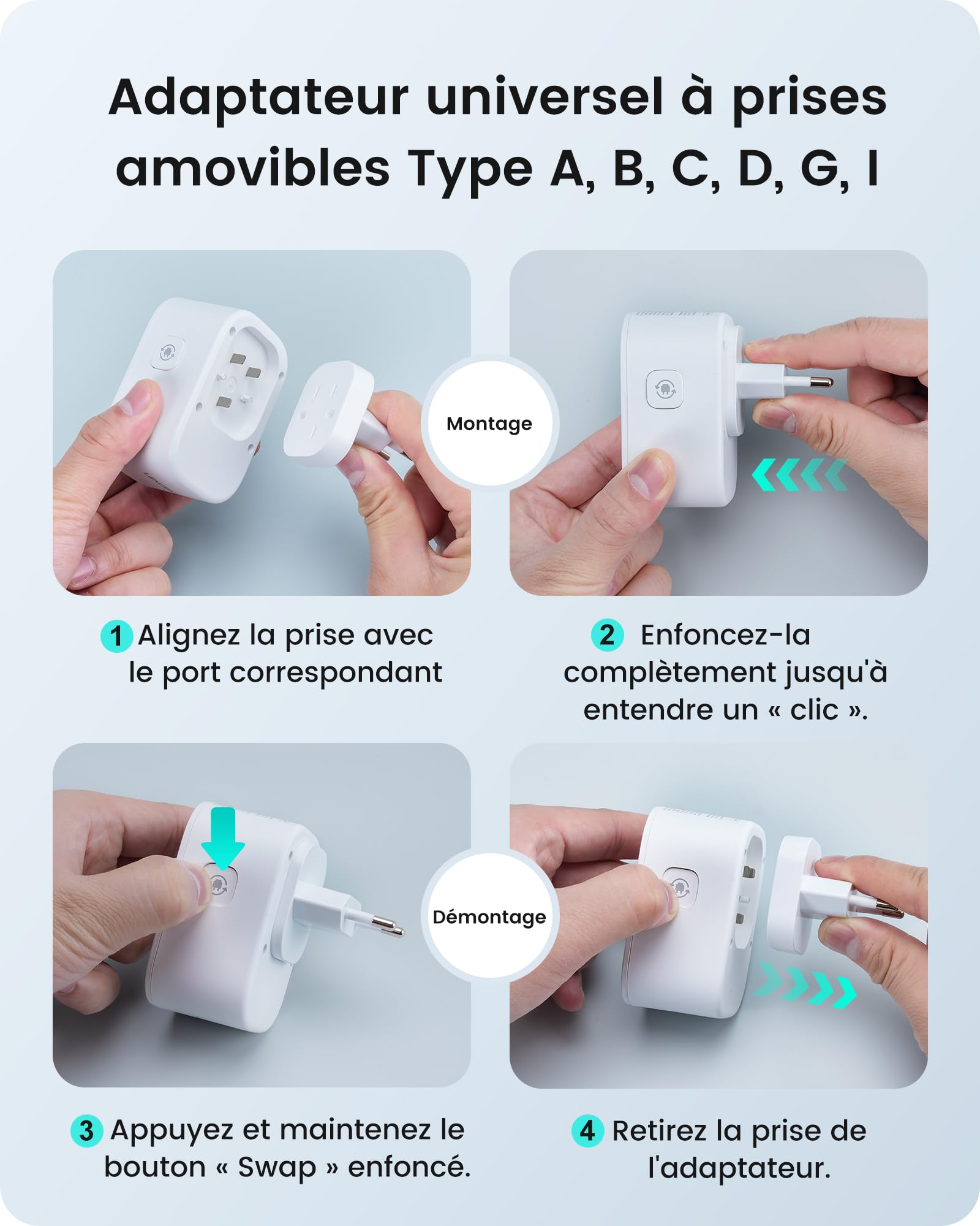 LENCENT Adaptateur de Voyage Universel Type A, B, C, D, G, I – 6 fiches détachables, Prise Internationale pour USA, UK, Japon, Inde, Costa Rica, Mexique, Thaïlande, Maldives, Sri Lanka, Australie