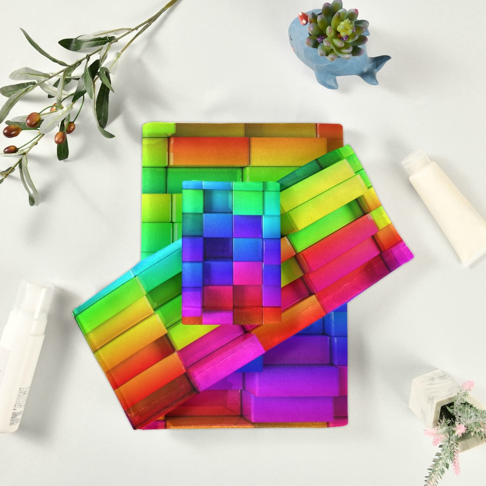 Mnsruu Rainbow Colorful Boxes - Juego de toallas de baño suaves, Pack Toallas, Set Toallas de 3 piezas para baño, spa, hotel, 1 toalla de baño+1 toalla de mano+1 paño