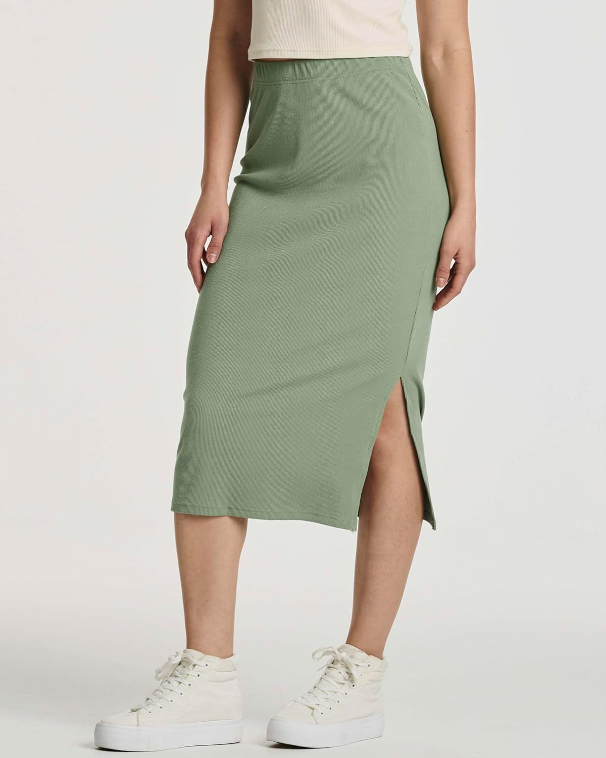 Real Essentials 3 Pack: Women's Midi Ribbed Knit Skirt with Side Slit - Stretchy Work Business Casual Pencil Pull-On Skirts - Image 4