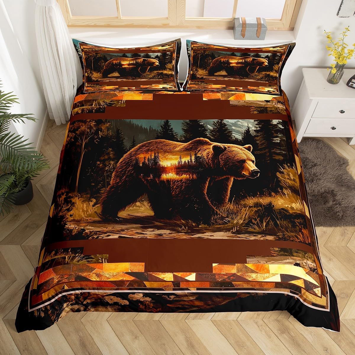 jejeloiu Personalized Bear Duvet Cover for Kids Boys Girls,Toddler,Wildlife Animal Pattern Bedding Set,Brown Bear Comforter Cover,Country Cabin Bedspread Cover,Bedroom Decor,No Comforter