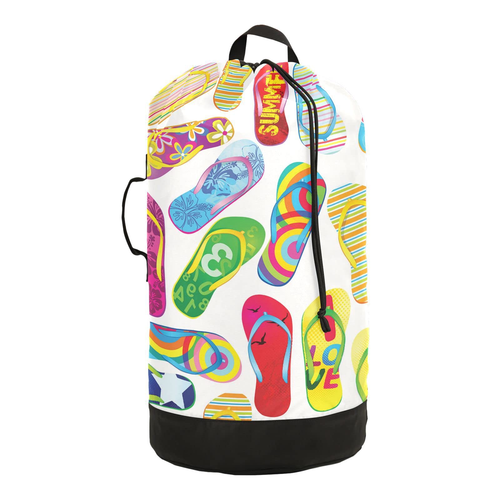 Colorful Flip Flops Beach Sandals On White Backpack Laundry Bag, Laundry Backpack with Shoulder Straps, Waterproof Nylon Clothes Hamper Bag for Men Women Yoga Backpack