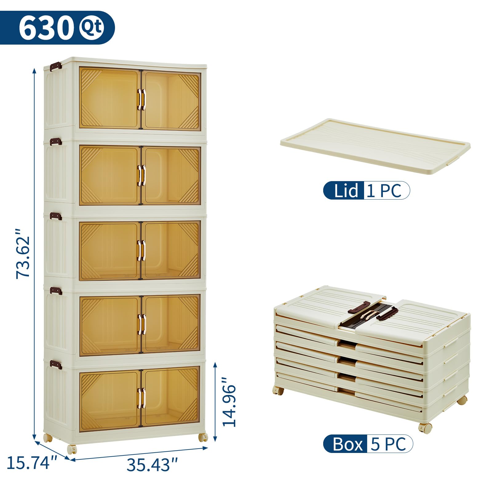 Grand capacité 630L – Boîte de rangement empilable avec couvercle et tiroirs pliables – Portes magnétiques, roulettes verrouillables – Parfaite pour chambre, armoire, bureau – Plastique
