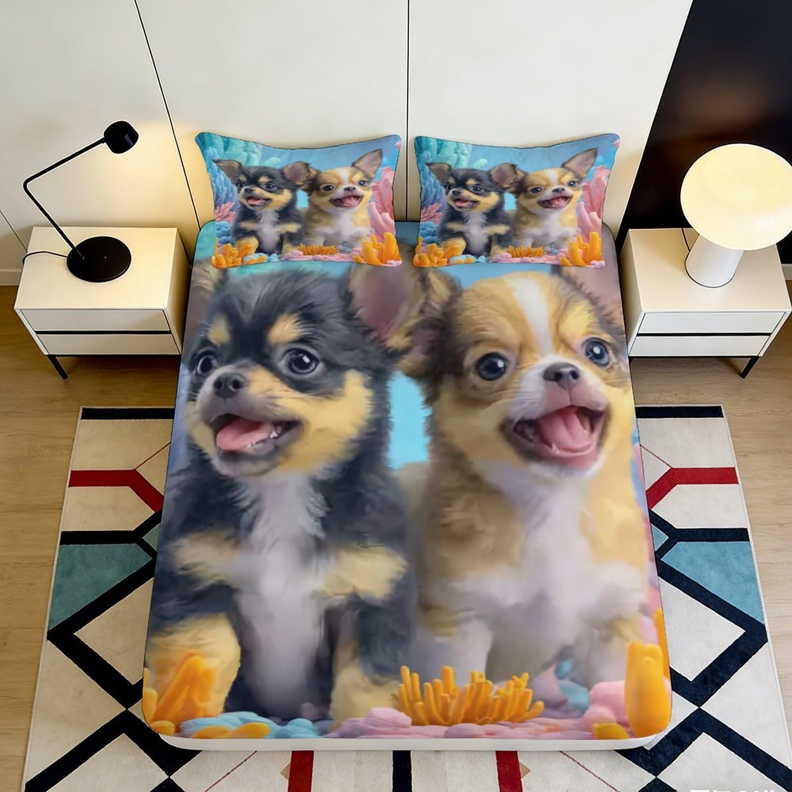 3D Printed Cute Dog Fitted Sheet Microfiber Soft Colorful Cartoon Puppy Mattress Cover Anti-Slip Machine Washable for Bedroom Guest Room Decor 90x200x25cm