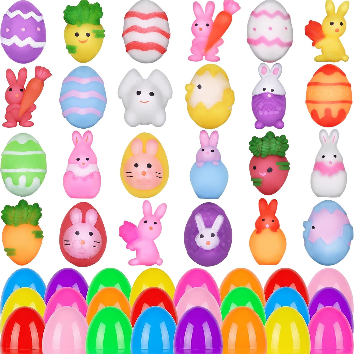 24 Pack Easter Mochi Squishy Toys Squishies Easter Toys with 24 PCS Plastic Easter Eggs for Kids Girls Boys Party Favors Easter Basket Stuffers Party Favors Candy Bags Gifts