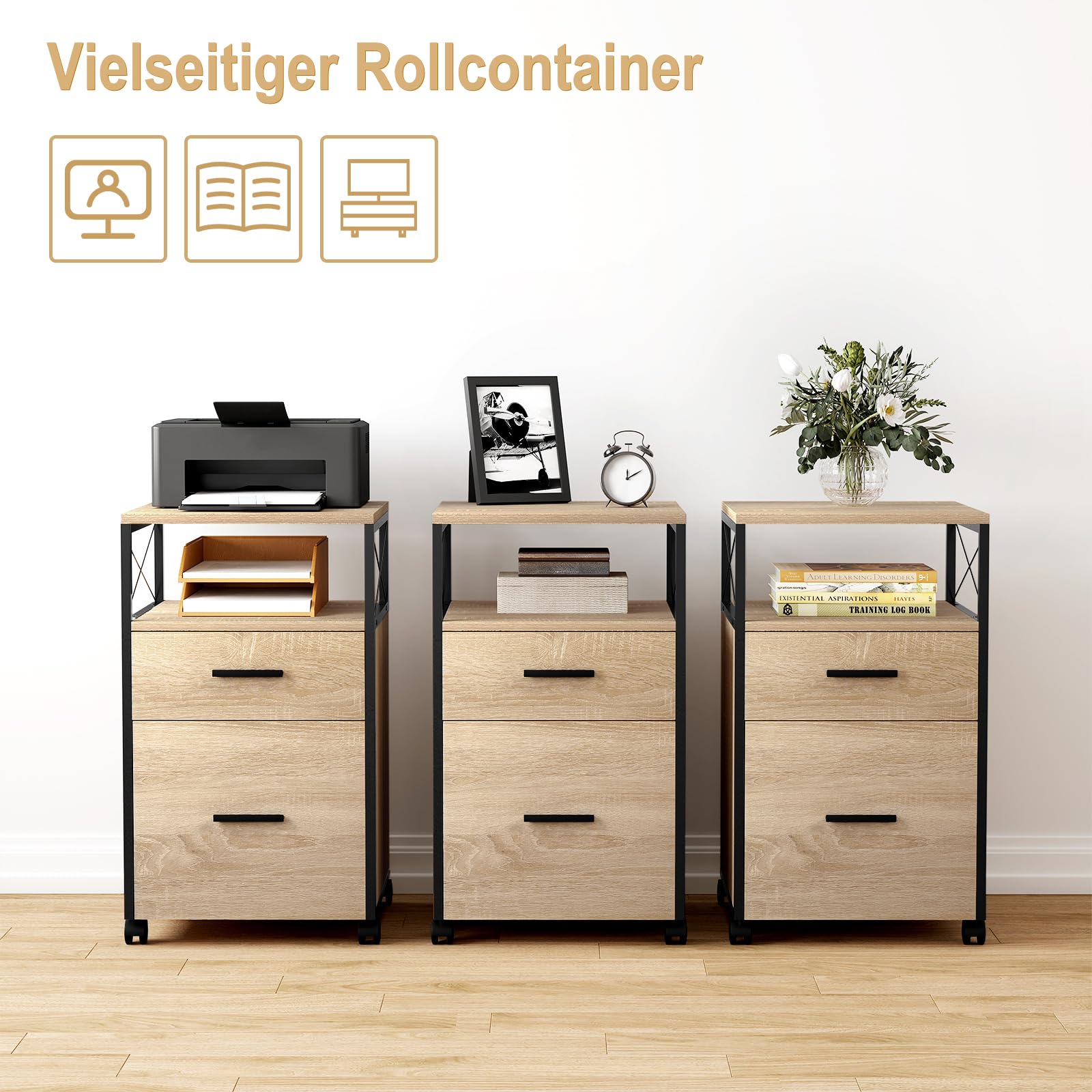 WOLTU Caisson de Bureau à roulettes, Armoire Mobile à 2 Tiroirs avec 1 Compartiment Ouvert, Meuble de Rangement pour Dossiers, Documents A4, Effet Bois Clair, 40x40x69cm, ASK09hei