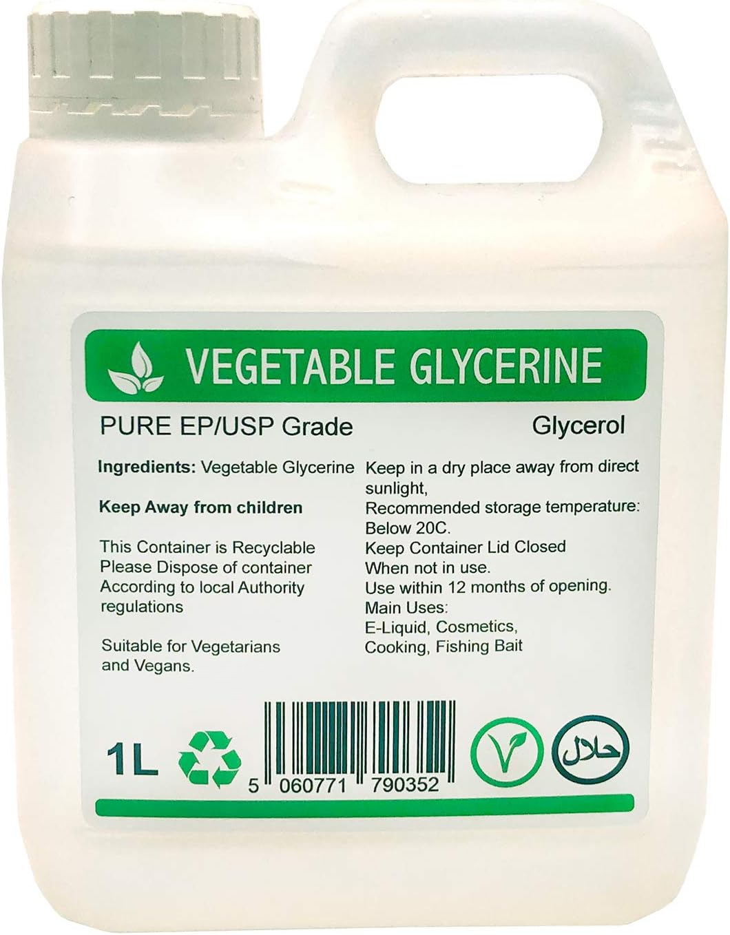 Vegetable Glycerine Liquid Glycerol Pure & Natural USP/EP/Food - Cosmetic Grade For Skin Vape Food Cosmetics 1L 1 Litre