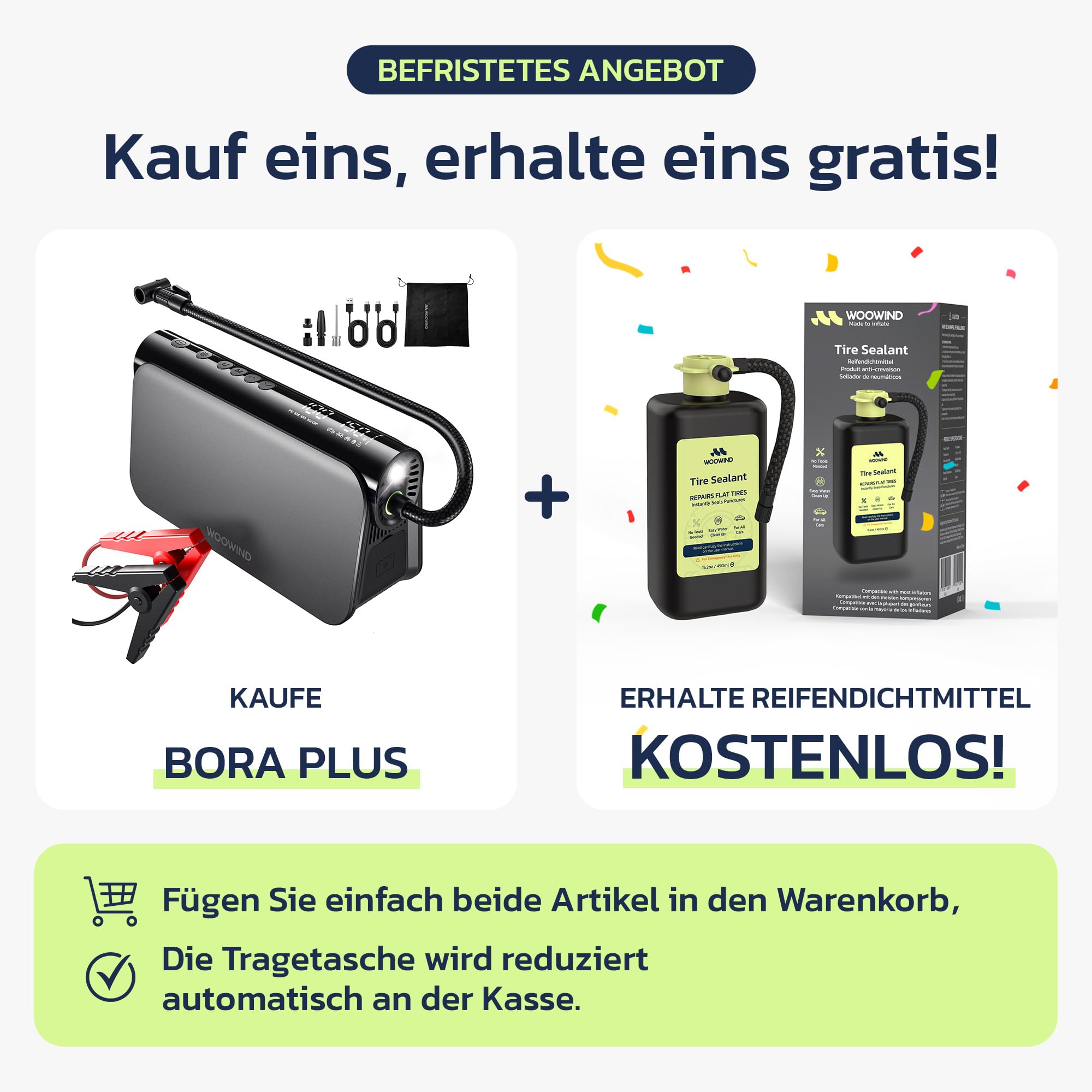 Woowind 3-in-1 Starthilfe, Akku Kompressor, 65W Powerbank, 10.3 BAR | 150PSI Akku Kompressor, 65W Powerbank, LED-Licht, Auto Starthilfe, 16000 mAh Booster Auto