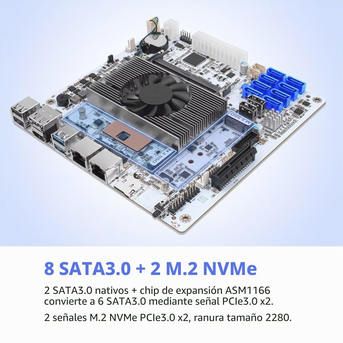 NAS Mainboard Low Power Core i5 8265U, 8×SATA3.0 Mini ITX Motherboard, Computer Board 2xNVMe(PCle3.0 x2), Barebone No Ram No SSD, 2 x 2.5GBE LAN, TF Card, Dual Display