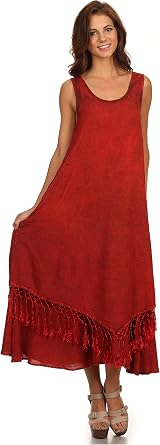 Sakkas Emma Relaxed Fit Scoop Neck Double Layered with Fringe Tank Dress