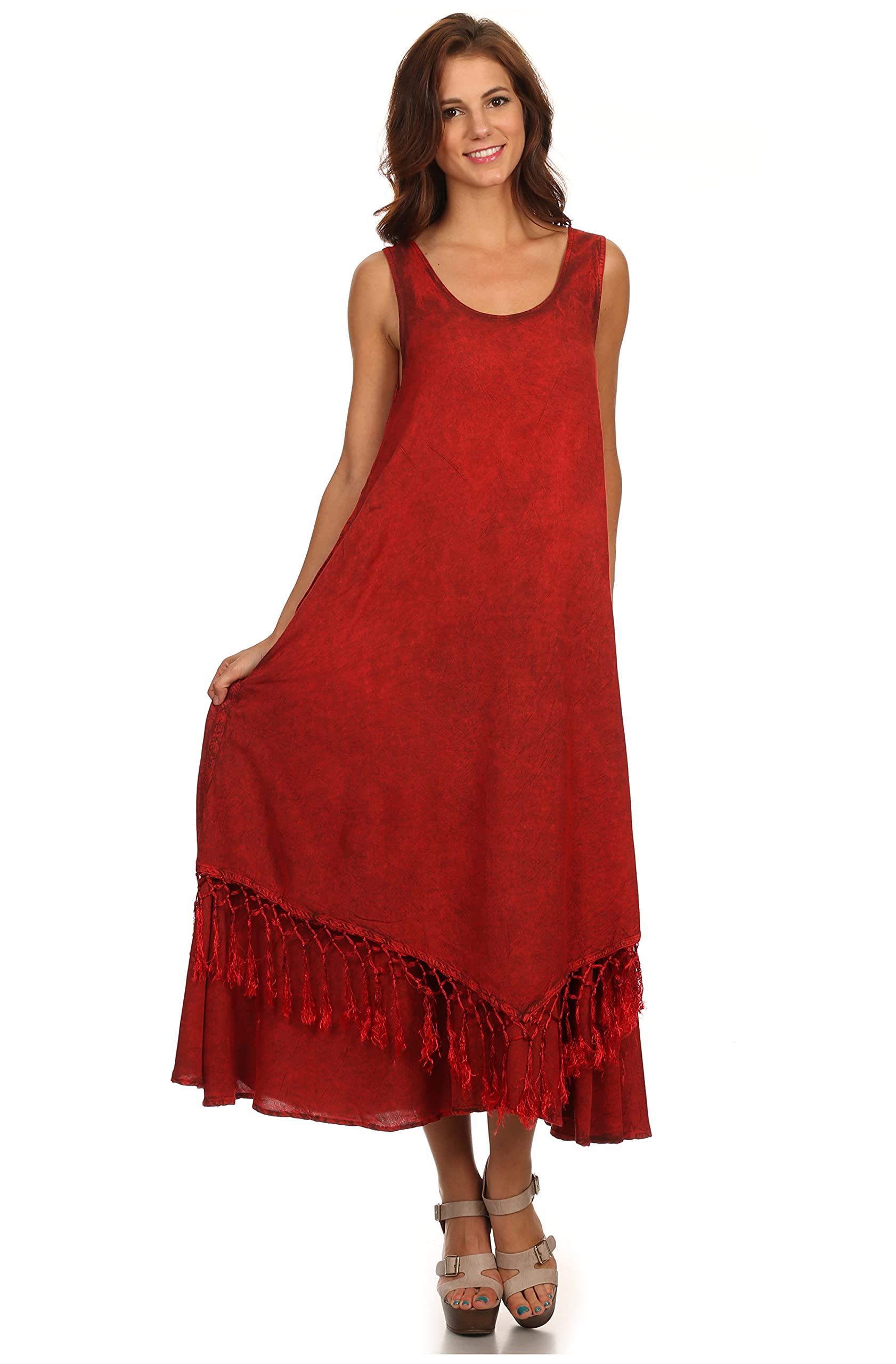 Sakkas15222 - Emma Relaxed Fit Scoop Neck Double Layered with Fringe Tank Dress - Red - S/M