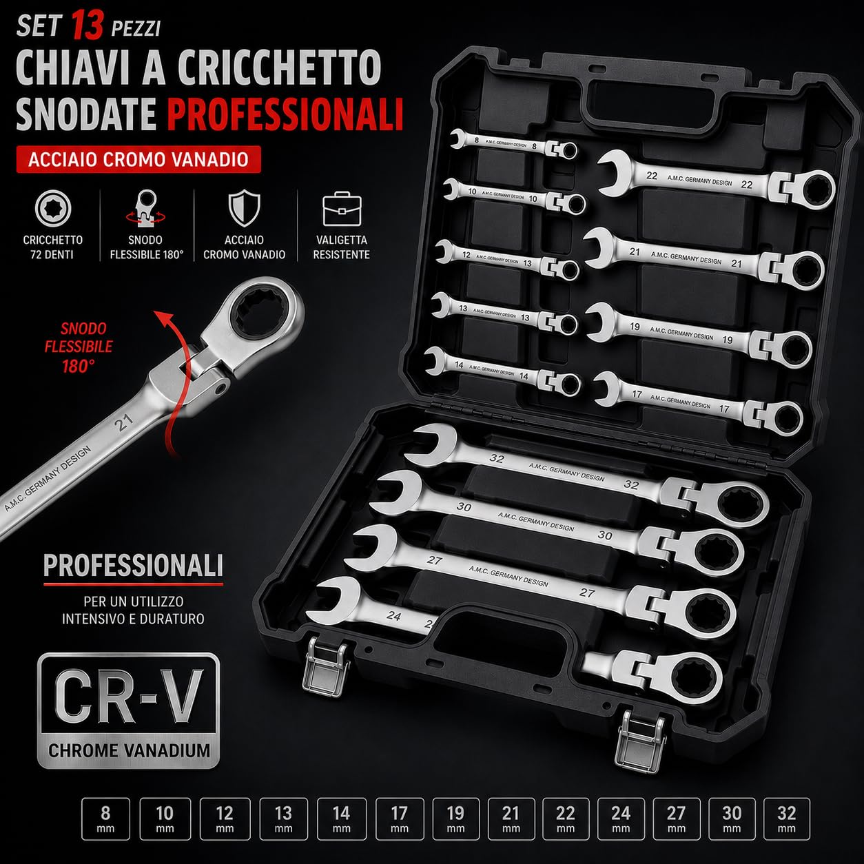A.M.C. Set Chiavi Combinate a Cricchetto Con Snodo Snodabili 13 pezzi Professionali CROMO VANADIO