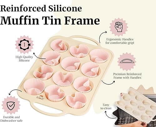 Miniatura 3 de Molde antiadherente de silicona para magdalenas para 12 magdalenas, marco reforzado de alta calidad con asas, apto para lavavajillas, moldes de